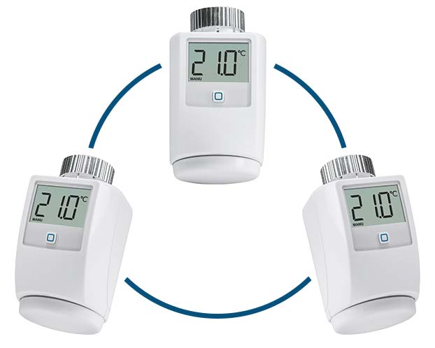 Meerdere slimme thermostaatknoppen in dezelfde kamer kunnen draadloos met elkaar gekoppeld worden en samenwerken als een geheel. Meerdere slimme thermostaatknoppen in dezelfde kamer kunnen draadloos met elkaar gekoppeld worden en samenwerken als een geheel.
