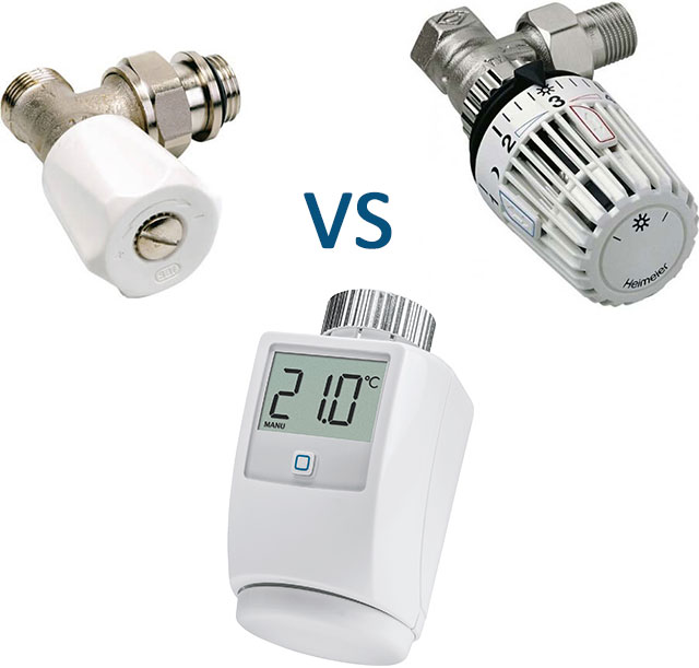 Slimme thermostaatknoppen (onder) zijn bedoeld om standaard thermostaatknoppen (rechts boven) te vervangen. Een radiatorkraan (links boven) is niet geschikt voor een slimme thermostaatknop. Deze moet vervangen worden door een afsluiter.