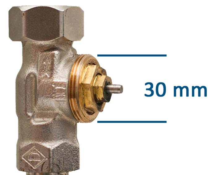 Een slimme thermostaatknop past op een M30 afsluiter. Dit zijn veelvoorkomende afsluiters, met een schroefdraad van 30 mm in diameter. Een slimme thermostaatknop past op een M30 afsluiter. Dit zijn veelvoorkomende afsluiters, met een schroefdraad van 30 mm in diameter.