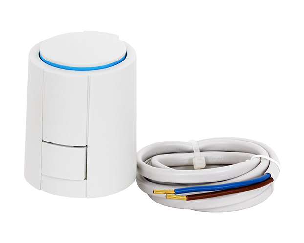 Een thermische motor voor zoneregeling voor vloerverwarming. Een thermische motor opent en sluit de toevoer van warm water naar de groepen van de vloerverwarming. Thermische motoren worden aangestuurd door een zoneregelaar. Een thermische motor voor zoneregeling voor vloerverwarming. Een thermische motor opent en sluit de toevoer van warm water naar de groepen van de vloerverwarming. Thermische motoren worden aangestuurd door een zoneregelaar.
