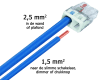 Voorbeeld met de blauwe nul-draad: De 2,5 mm2 installatiedraad in de wand of plafond wordt in de lasklem gestoken. Het stukje 1,5 mm2 installatiedraad wordt aangesloten op de slimme schakelaar, dimmer of drukknop en wordt ook in de lasklem gestoken.