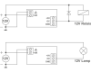 Voorbeeld 4: De module wordt gevoed door extern 12 V. Het miniatuur relais is afgebroken. De 12 V relais of de 12 V lamp tot max 0,5 A worden aangestuurd via de open collector uitgang. 