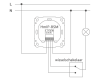 Aansluitschema als wisselschakeling, in combinatie met een standaard, bedrade schakelaar. Uitgang 1 en 2 worden aangesloten op de wisselschakelaar. De uitgang van de wisselschakelaar stuurt de lamp aan.