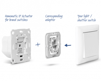 Met een los mee te bestellen wipvlak adapter, behorend bij het gekozen merk en type schakelmateriaal, kan de drukknop naar eigen smaak afgewerkt worden.