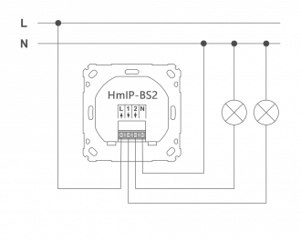 Aansluitschema als normale dubbele schakelaar. L is de bruine draad, N is de blauwe draad. Lamp 1 wordt aangesloten op uitgang 1. Lamp 2 wordt aangesloten op uitgang 2.