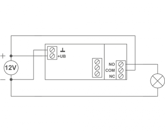 Voorbeeld 1: De module wordt gevoed door extern 12 V. Het miniatuur relais schakelt een 12V lamp via de COM en het NO (normally open) contact.