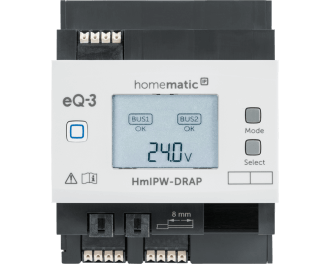 Het display is van het Homematic IP Wired Access Point is verlicht en toont de status van de voeding en van de beide Bus-lijnen.