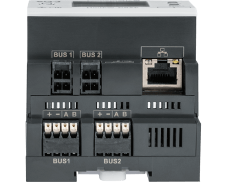 Aan de onderzijde van het Homematic IP Wired Access Point zijn de bekabelde netwerkaansluiting en vier busaansluitingen voorzien: twee voor Bus 1 en twee voor Bus 2, beiden uitgevoerd in bus-stekker en als aansluitingen voor vier losse bus-aders.