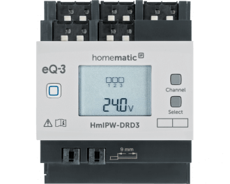 Het display van de Homematic IP Wired 3 kanaal dimactor is verlicht en toont de status van de 24 V van de bus en van elk van de drie kanalen.