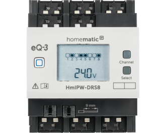 Het display van de Homematic IP Wired 8 kanaals schakelactor is verlicht en toont de status van de 24 V van de bus en van elk van de vier kanalen.