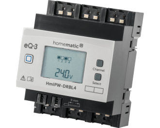 De Homematic IP Wired 4 kanaals zonwering actor wordt aangestuurd door het Homematic IP Wired bus-systeem en kan met elk kanaal een motor tot maximaal 500 Watt / 2,2 Ampere schakelen. Het display toont de actuele status van elk kanaal.