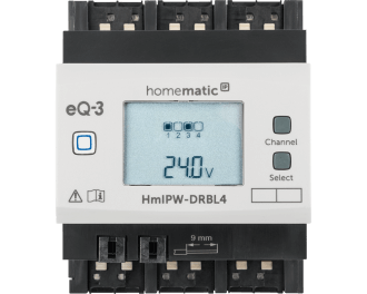 Het display van de Homematic IP Wired 4 kanaals zonwering actor is verlicht en toont de status van de 24 V van de bus en van elk van de vier kanalen.