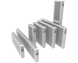 Voorbeeld van een liggende elektrische radiator in een woonkamer. Getoond model: Liggende elektrische radiator 1200 Watt. 