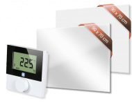 Set met Heat4All ICONIC Classic 750 en Heat4All ICONIC Spiegel 750 infraroodpaneel en draadloze Alpha IP thermostaat Set met Heat4All ICONIC Classic 750 en Heat4All ICONIC Spiegel 750 infraroodpaneel en draadloze Alpha IP thermostaat